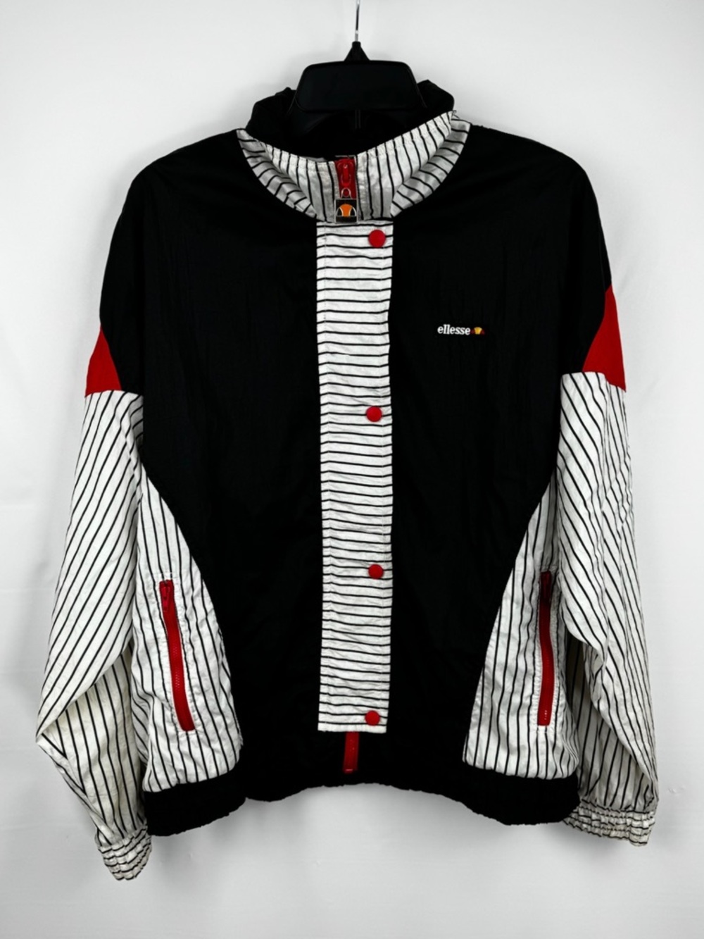 Ellesse Vintage Black, White & Red Retro Pinstriped Windbreaker Jacket